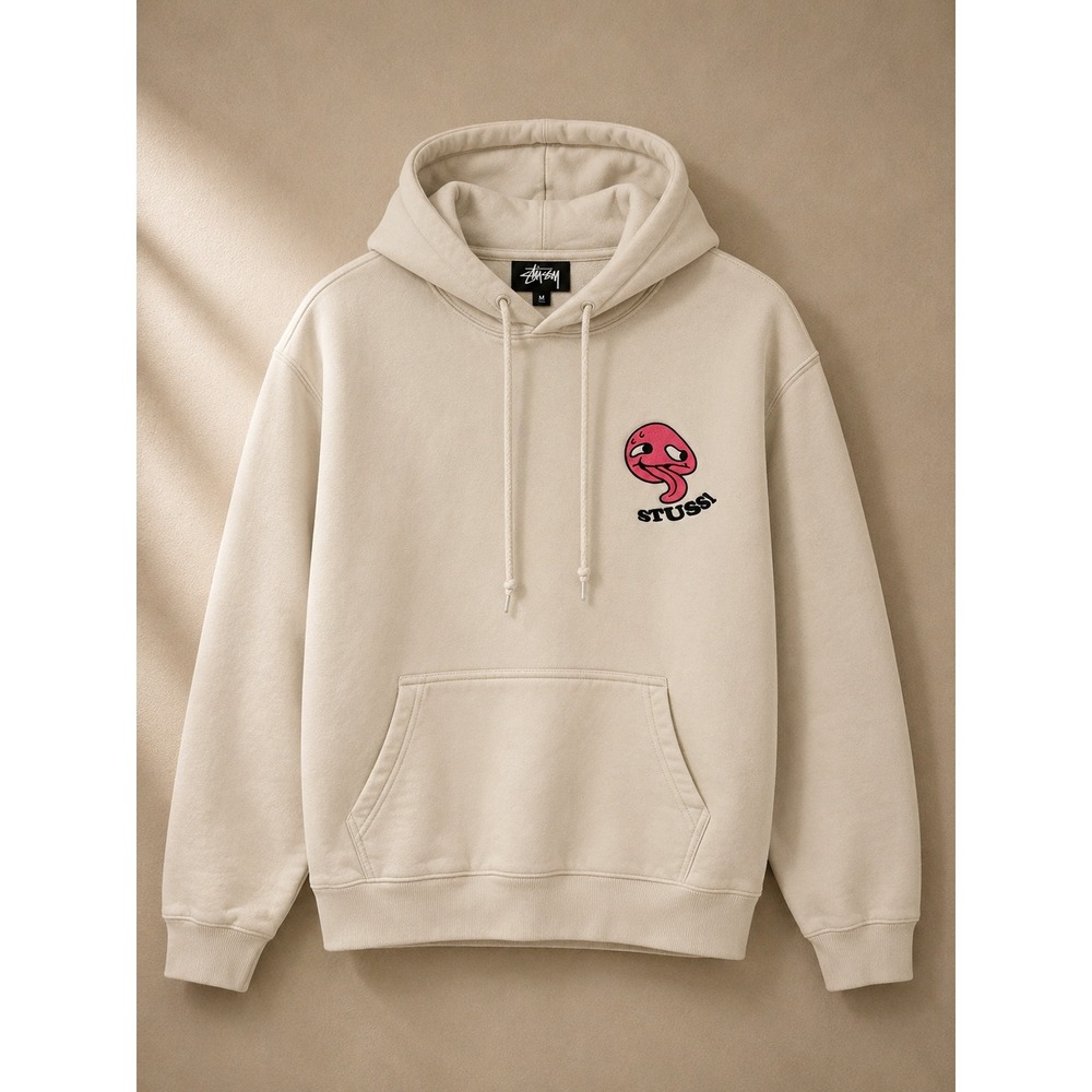 Stussy Mens Hoodie Small Beige Pink Tongue Graphic Pullover 1924458 Streetwear